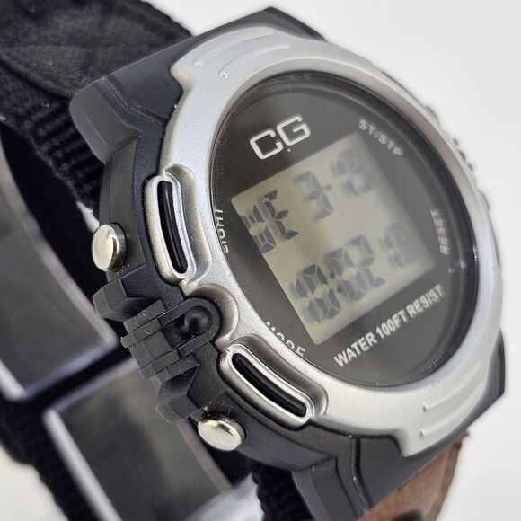 CG Digital Watch 45MM Black Gray Case Black Brown Nylon Band Compass New Battery - Picture 4 of 14